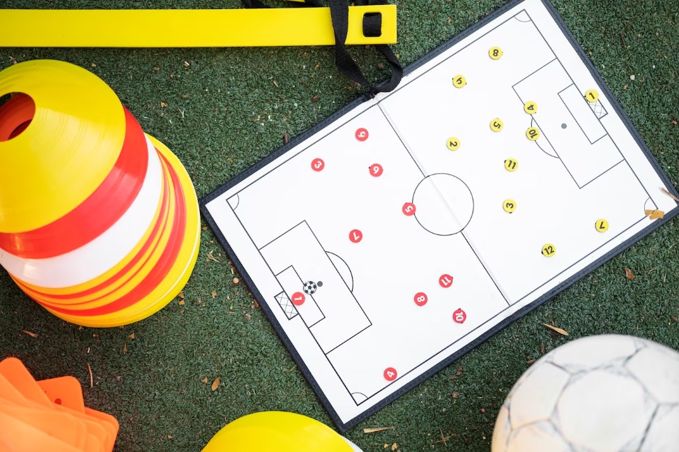 random soccer equipment and a team formation plan on the grass